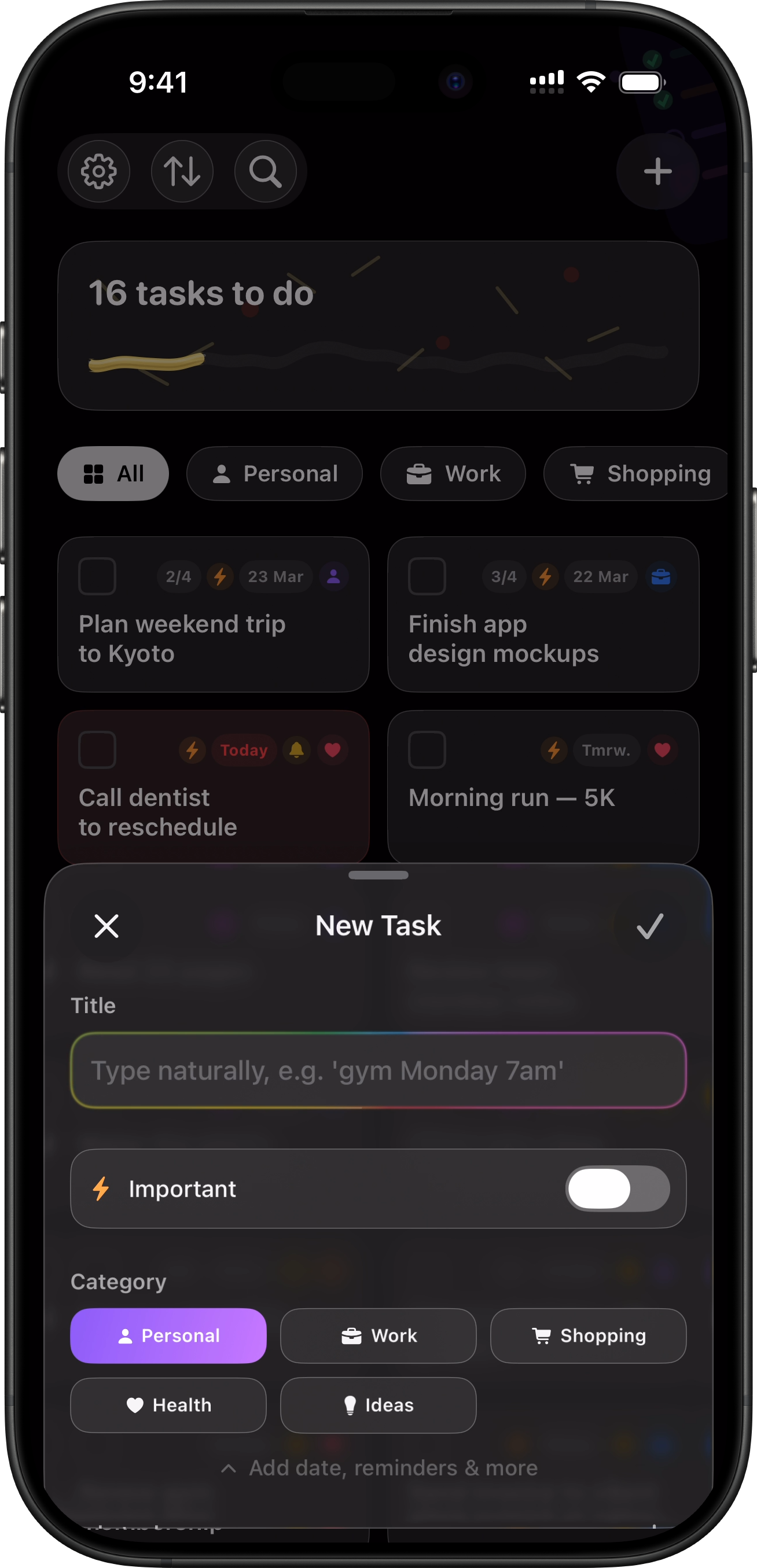 New task compact — dark